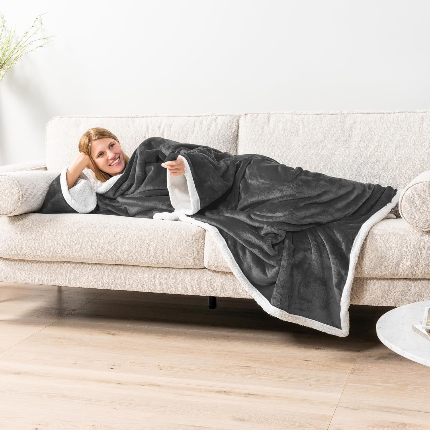 Sherpa Wearable Blanket with Sleeves and Pocket, Plush Thick Cozy Body Blanket Wrap for Adult Women Men, Christmas Gift for Wife Mom, Dark Grey