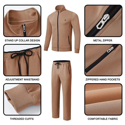 Men'S Tracksuits 2 Pieces Set Long Sleeve Causal Full Zip Hiking Jogging Gym Sports Sweatsuit for Men 2 Piece Outfits Khaki M