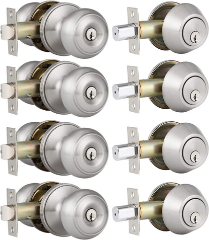 4 Pack Entry Door Knob and Single Cylinder Deadbolt Combo Pack in Satin Nickel, Keyed Alike Exterior Door Lock Set with Deadbolt, Door Knobs with Deadbolt for Entrance and Front Door