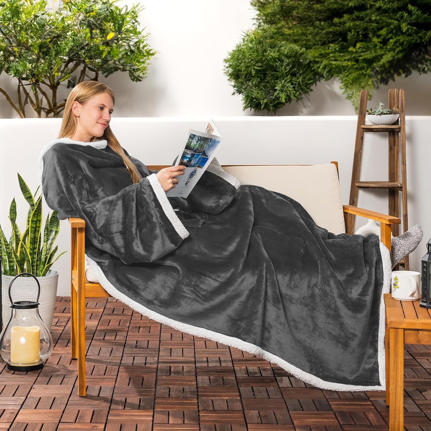 Sherpa Wearable Blanket with Sleeves and Pocket, Plush Thick Cozy Body Blanket Wrap for Adult Women Men, Christmas Gift for Wife Mom, Dark Grey